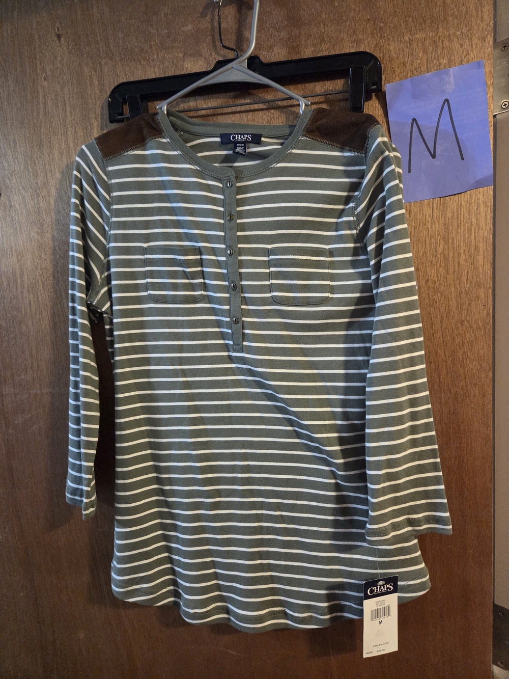 NWT Chaps Olive and White Striped 3/4-Sleeve Henley Top w/Brown Shoulder Accents